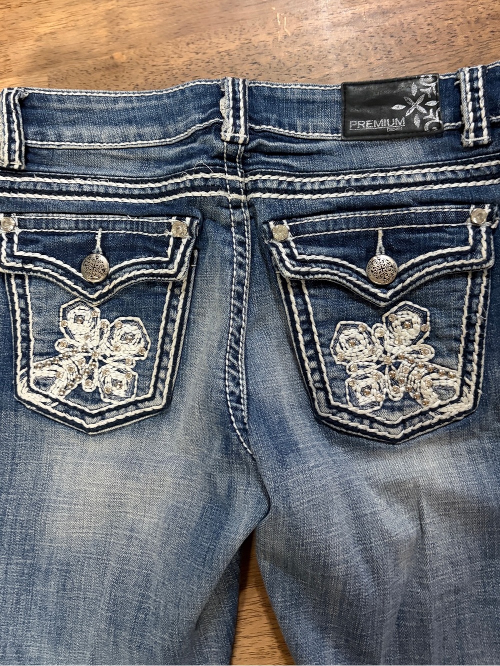 Blue Embroidered Back-Pocket Boot Cut Jeans